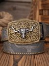Men Women-Western-Cowboy-PU Leather-Belts - Vintage Belt Floral Engraved Buckle Belt for Jeans