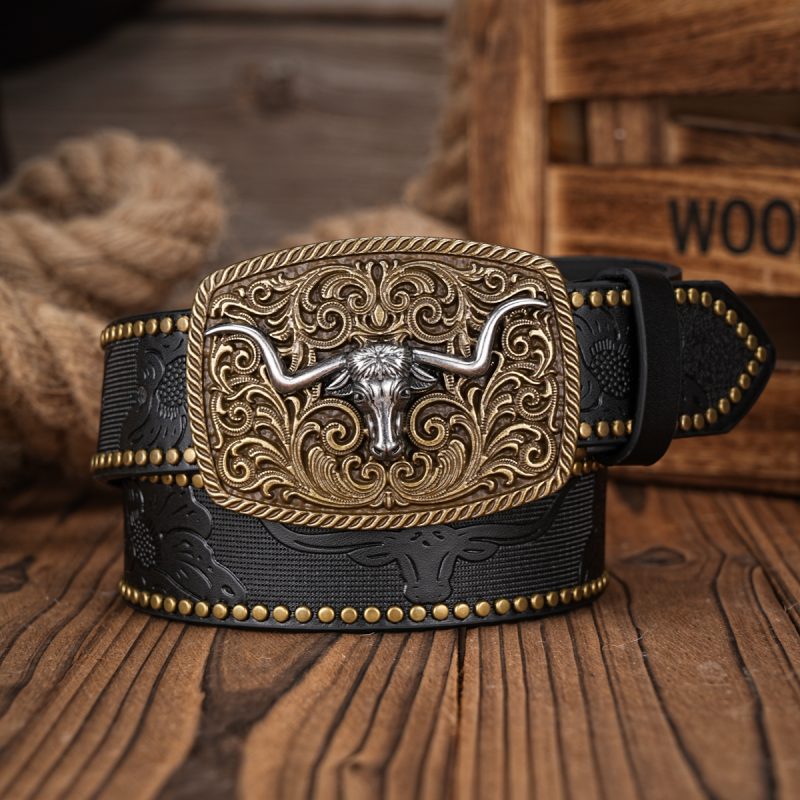 Men Women-Western-Cowboy-PU Leather-Belts - Vintage Belt Floral Engraved Buckle Belt for Jeans - Image 3