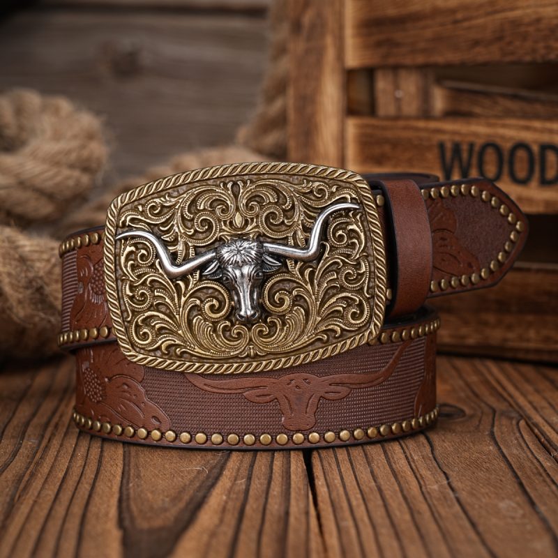 Men Women-Western-Cowboy-PU Leather-Belts - Vintage Belt Floral Engraved Buckle Belt for Jeans - Image 4