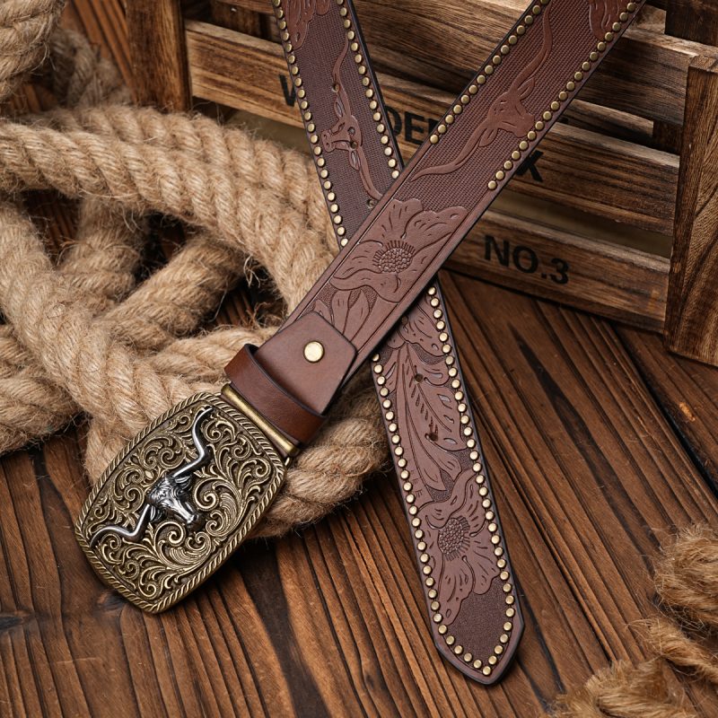 Men Women-Western-Cowboy-PU Leather-Belts - Vintage Belt Floral Engraved Buckle Belt for Jeans - Image 5