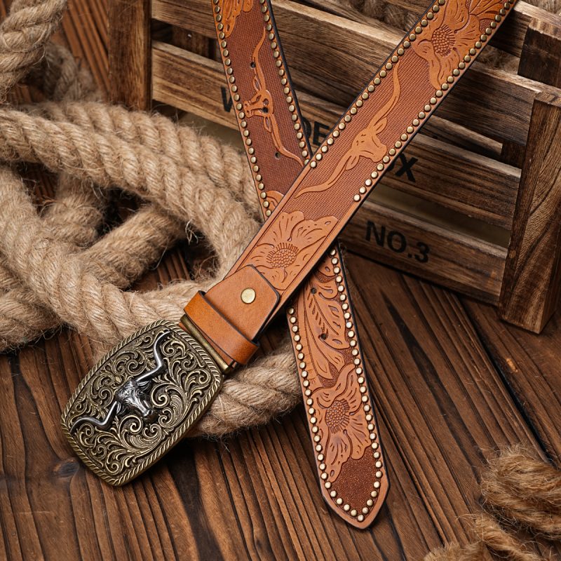 Men Women-Western-Cowboy-PU Leather-Belts - Vintage Belt Floral Engraved Buckle Belt for Jeans - Image 6
