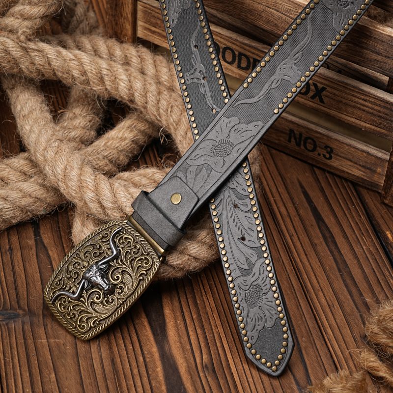 Men Women-Western-Cowboy-PU Leather-Belts - Vintage Belt Floral Engraved Buckle Belt for Jeans - Image 7