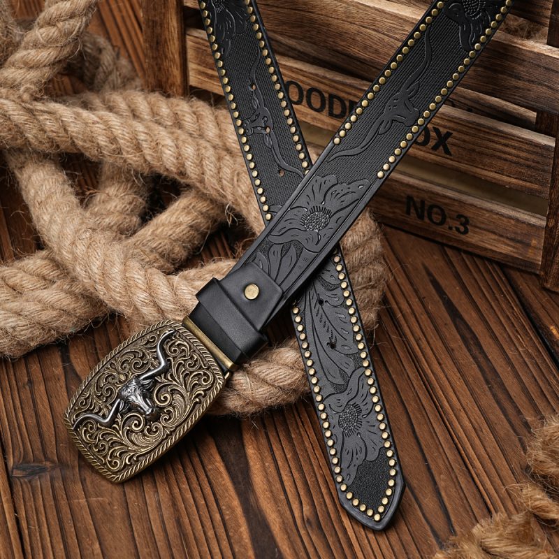 Men Women-Western-Cowboy-PU Leather-Belts - Vintage Belt Floral Engraved Buckle Belt for Jeans - Image 8