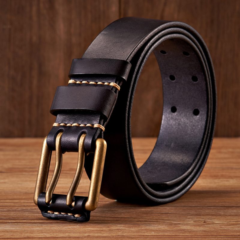 3.8cm Wide Vintage Men's Belt Cowhide Genuine Leather Belt Copper Double Needle Buckle Handmade Jeans Belt Fashion Male Strap - Image 2