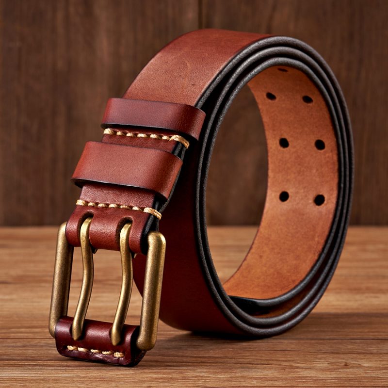 3.8cm Wide Vintage Men's Belt Cowhide Genuine Leather Belt Copper Double Needle Buckle Handmade Jeans Belt Fashion Male Strap - Image 3