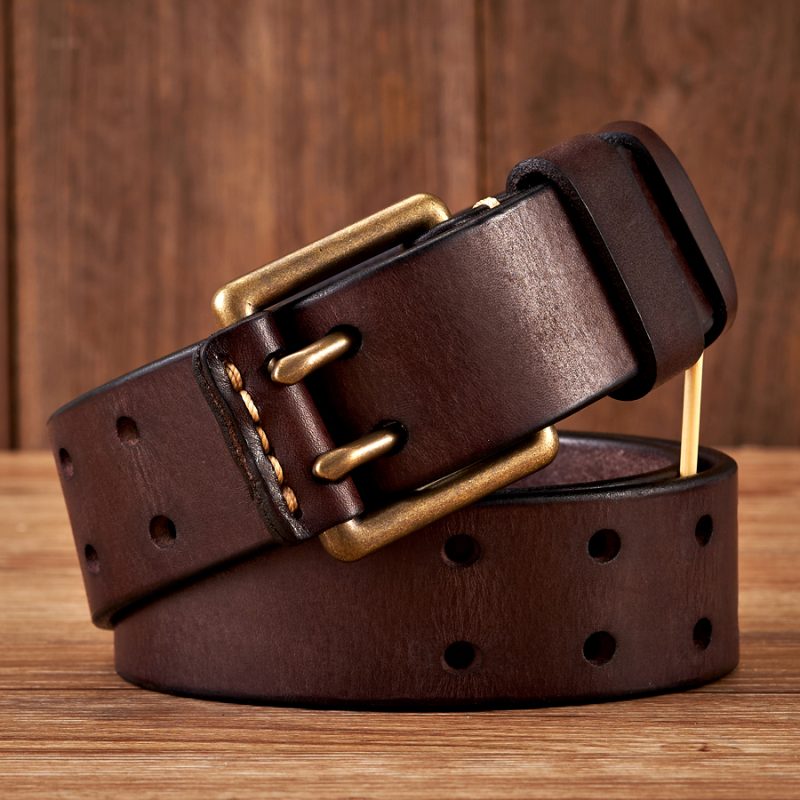 3.8cm Wide Vintage Men's Belt Cowhide Genuine Leather Belt Copper Double Needle Buckle Handmade Jeans Belt Fashion Male Strap - Image 4