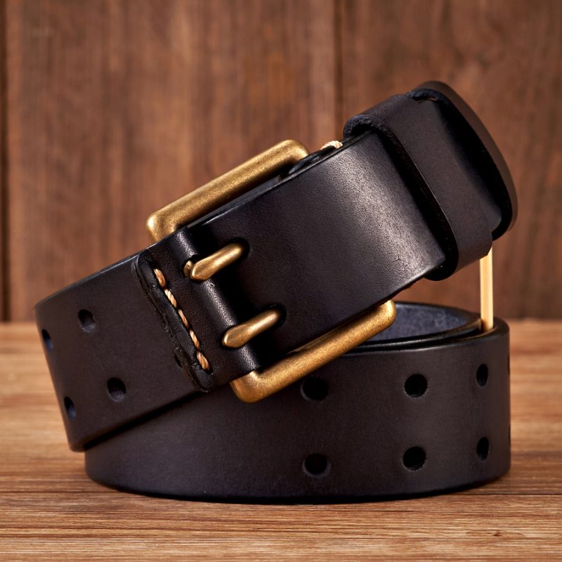 3.8cm Wide Vintage Men's Belt Cowhide Genuine Leather Belt Copper Double Needle Buckle Handmade Jeans Belt Fashion Male Strap - Image 5