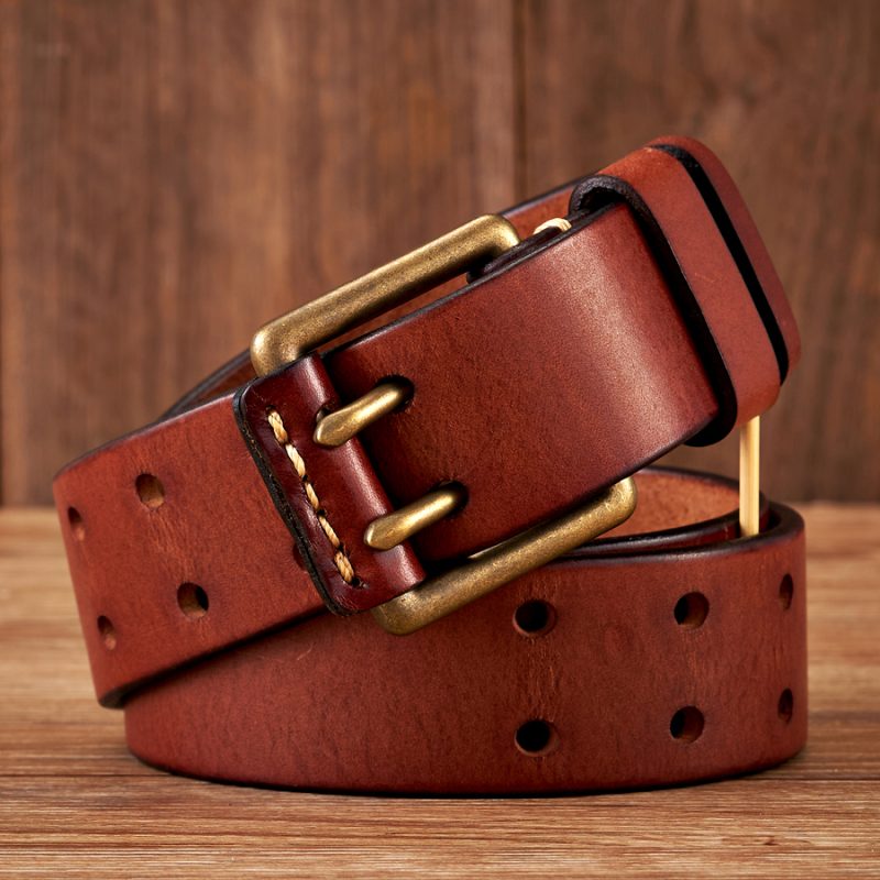 3.8cm Wide Vintage Men's Belt Cowhide Genuine Leather Belt Copper Double Needle Buckle Handmade Jeans Belt Fashion Male Strap - Image 6