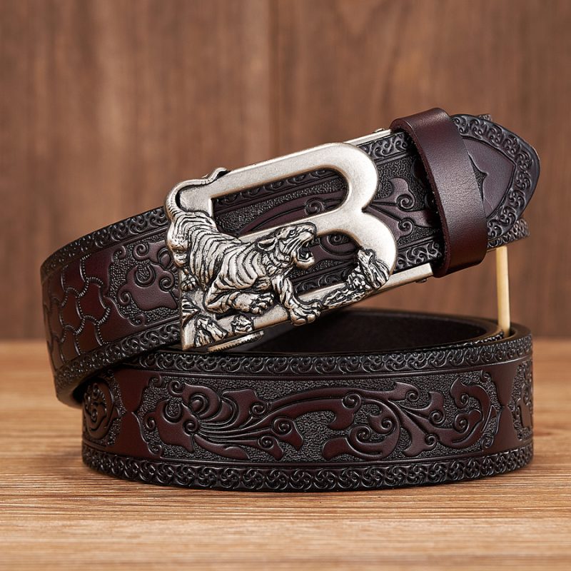 3.5CM Tiger Alloy Automatic Buckle Cowskin Leather Belt Quality Men Wasitbad Strap Genuine Leather Gift Bussiness Belt For Jeans - Image 2