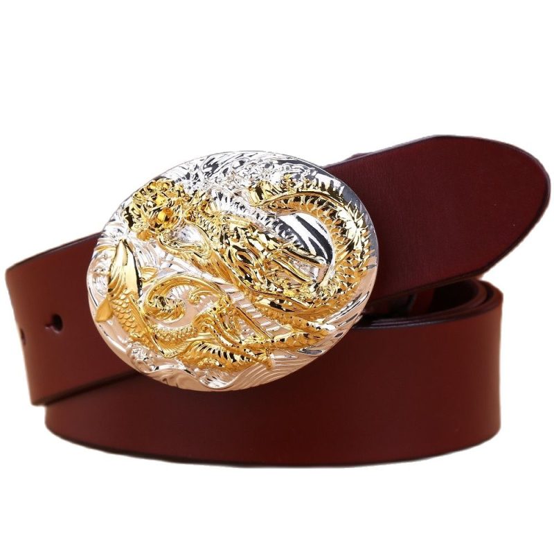 gold buckle solid brass dragon fish Chinese style full grain cowhide genuine leather mens belts luxury brown black high quality