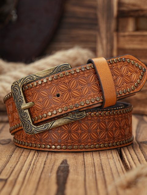 Men & Women-Western-Cowboy-PU Leather-Belts - Vintage horse Belt Floral Engraved Buckle Belt for Jeans