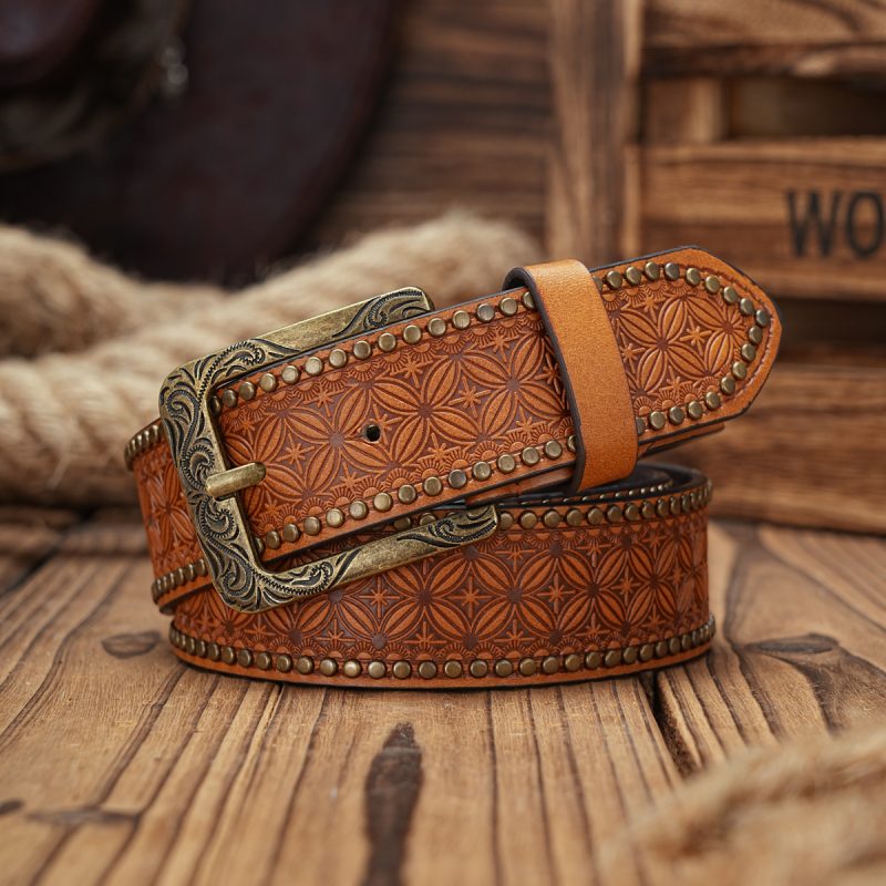 Men & Women-Western-Cowboy-PU Leather-Belts - Vintage horse Belt Floral Engraved Buckle Belt for Jeans
