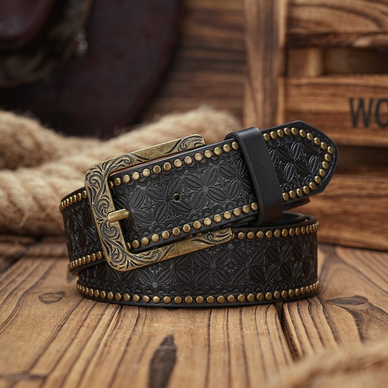 Men & Women-Western-Cowboy-PU Leather-Belts - Vintage horse Belt Floral Engraved Buckle Belt for Jeans - Image 2