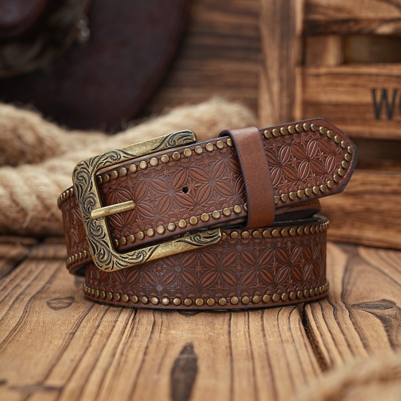 Men & Women-Western-Cowboy-PU Leather-Belts - Vintage horse Belt Floral Engraved Buckle Belt for Jeans - Image 3