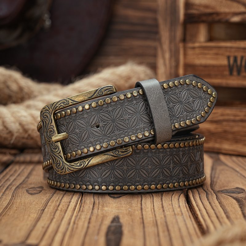 Men & Women-Western-Cowboy-PU Leather-Belts - Vintage horse Belt Floral Engraved Buckle Belt for Jeans - Image 4