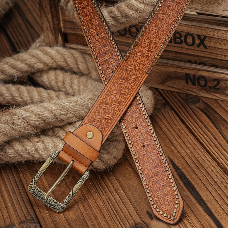 Men & Women-Western-Cowboy-PU Leather-Belts - Vintage horse Belt Floral Engraved Buckle Belt for Jeans - Image 5
