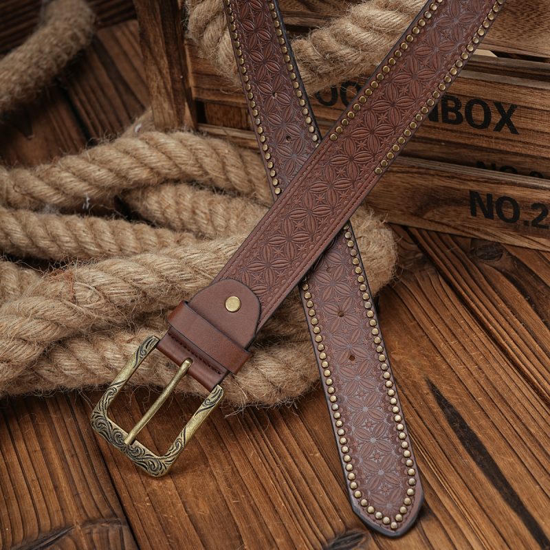 Men & Women-Western-Cowboy-PU Leather-Belts - Vintage horse Belt Floral Engraved Buckle Belt for Jeans - Image 6