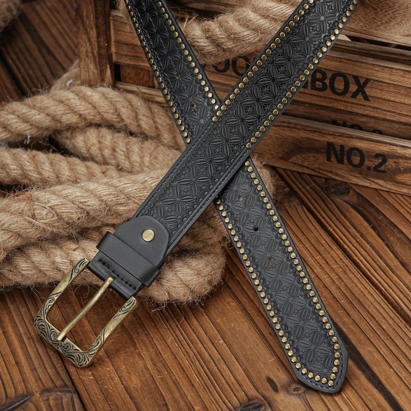 Men & Women-Western-Cowboy-PU Leather-Belts - Vintage horse Belt Floral Engraved Buckle Belt for Jeans - Image 7