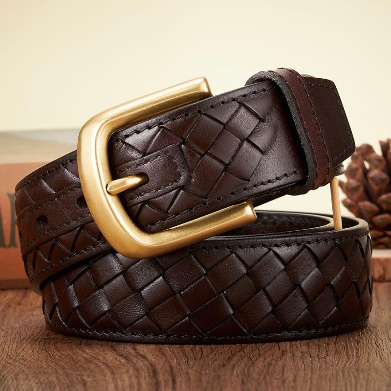 3.8cm Copper Buckle Designer Cowskin Real Genuine Leather Belts For Men Luxury Woven Cowboy Braided Male Strap for Jeans
