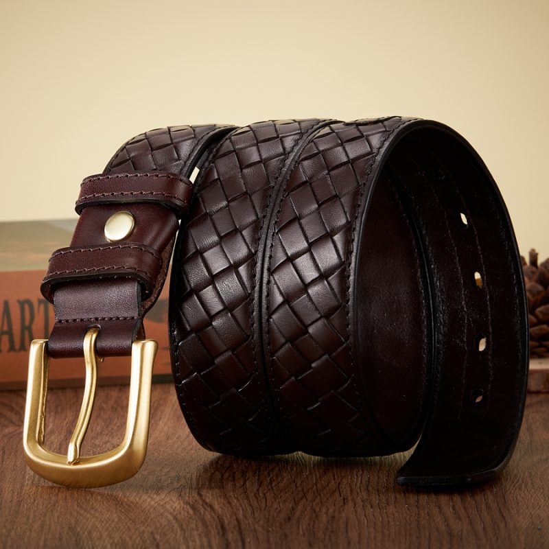 3.8cm Copper Buckle Designer Cowskin Real Genuine Leather Belts For Men Luxury Woven Cowboy Braided Male Strap for Jeans - Image 4