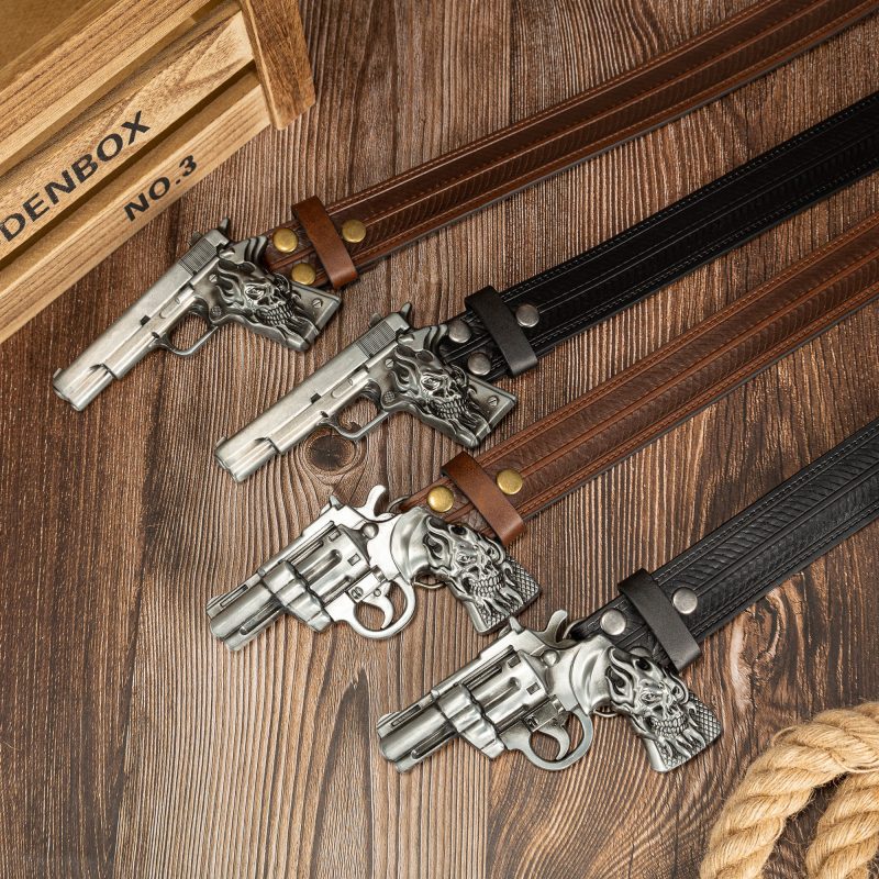 The ghost head element pistol craftsmanship large buckle striped PU embossed button personalized casual men's belt