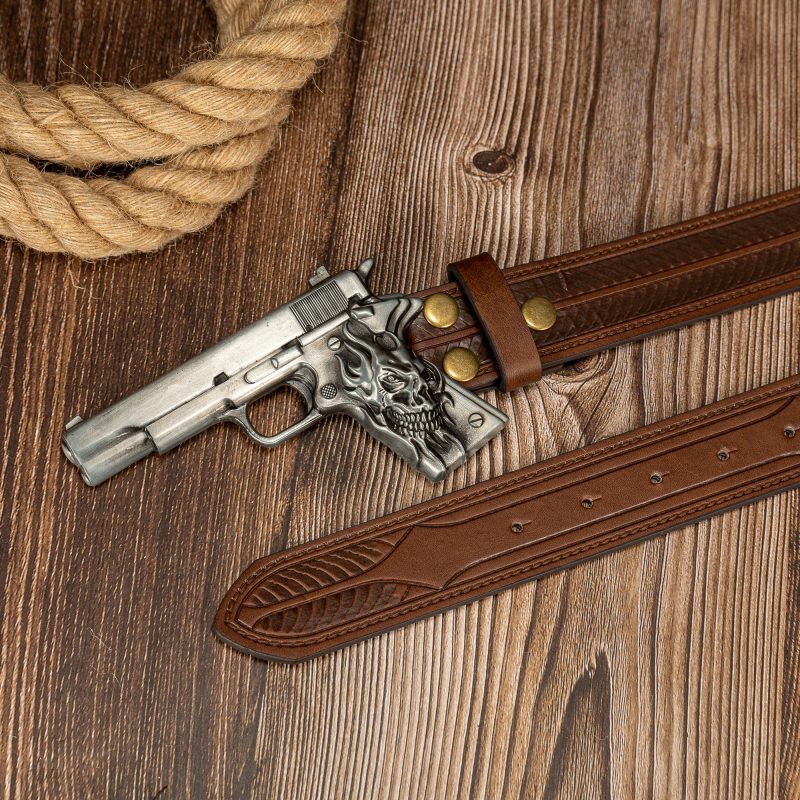 The ghost head element pistol craftsmanship large buckle striped PU embossed button personalized casual men's belt - Image 2