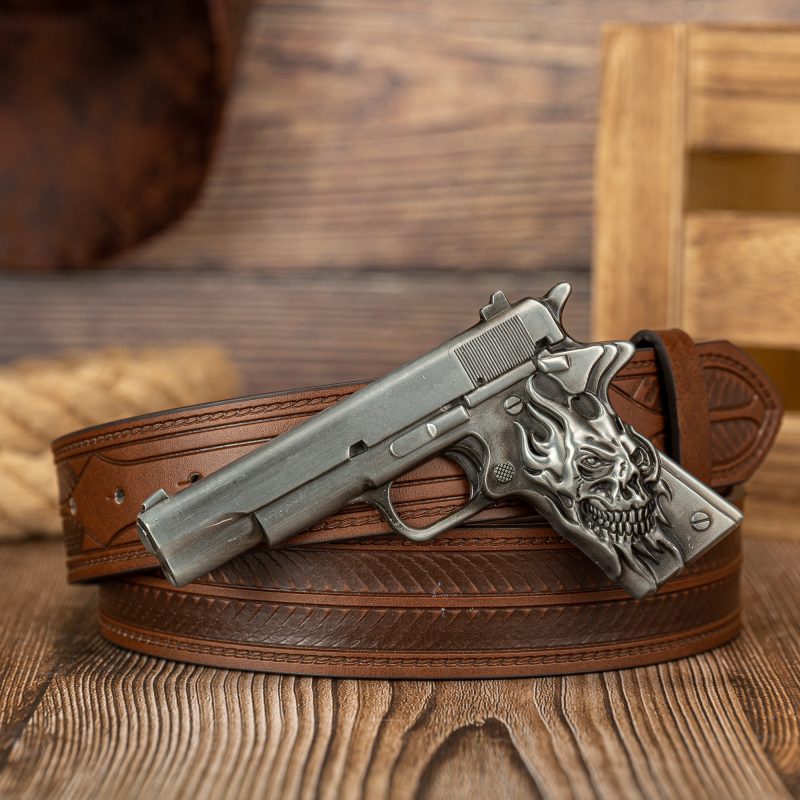 The ghost head element pistol craftsmanship large buckle striped PU embossed button personalized casual men's belt - Image 3