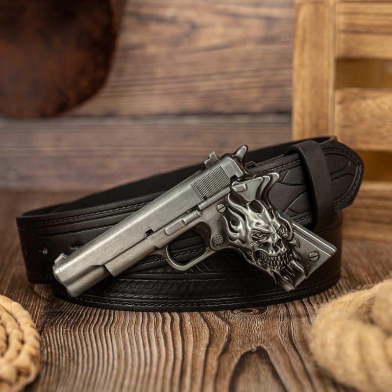 The ghost head element pistol craftsmanship large buckle striped PU embossed button personalized casual men's belt - Image 4