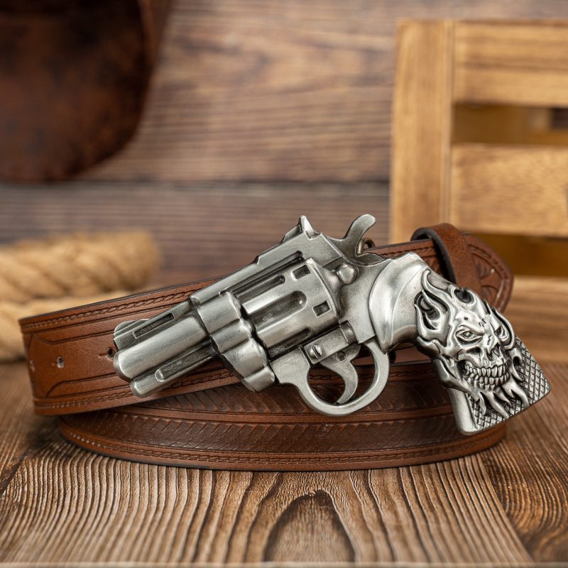 The ghost head element pistol craftsmanship large buckle striped PU embossed button personalized casual men's belt - Image 5