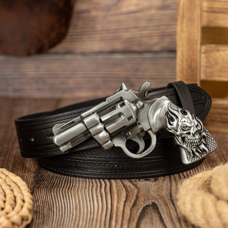 The ghost head element pistol craftsmanship large buckle striped PU embossed button personalized casual men's belt - Image 6