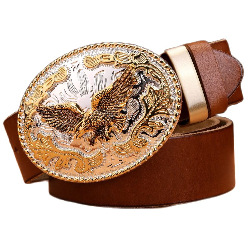 gold eagle big buckle full grain real leather 100% genuine leather hawk mens belts luxury high quality camel brown cowboys women