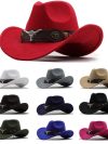 Western Cowboy Hat 3 Sizes Black Woolen Jazz Top Hat Men Ethnic Style Cow Head Ribbon Felt Cap Women Children Riding Fedora Hat