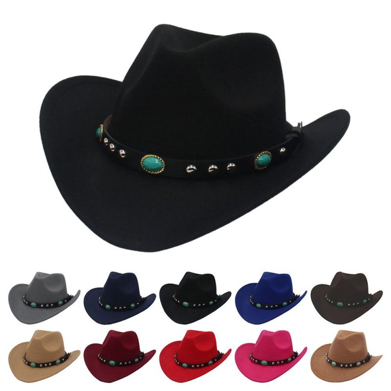Classic Classic Cowboy Hat with Studded Pinched Decorative Bands Wide Brim Western Cowgirl Hat Cropped Jazz Hat for Women & Men