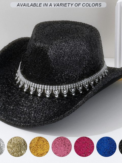 A Lady Western cowboy hat with Rhinestone ribbons sparkled silver jazz hat of all seasons for men to party in retro felt hats
