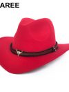 HOAREE Red Western Cowboy Hat Women Men Cow Gentleman Jazz Sombreros Hombre Cap Vintage Autumn Winter Elegant Lady Cowgirl Hats