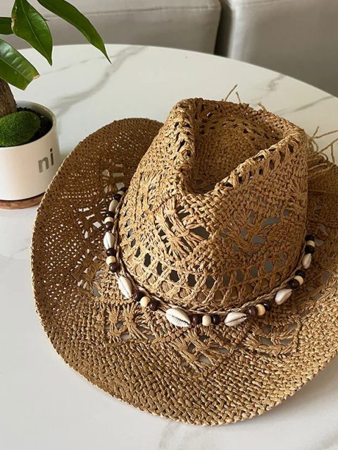 Summer Bohemian Shell Straw Hat Beach Women Men Cowboy Hats Wooden Beads Hollow Out Western Wide Brim Sun Hat Holiday Cap