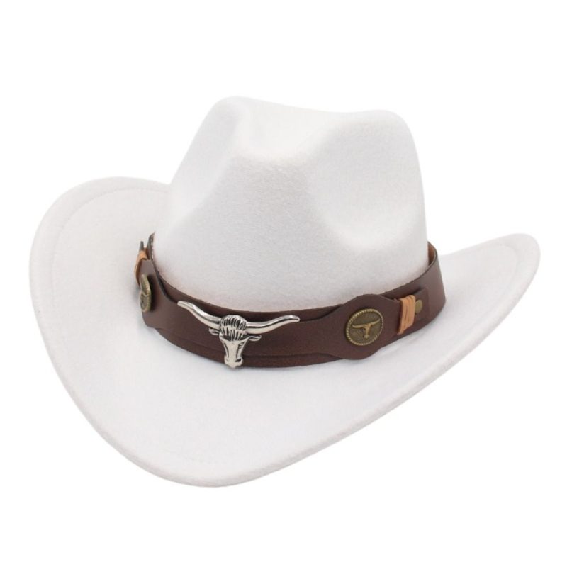 Felt Western Cowboy Hat Ox Head Accessories with Cow Band Roll Brim Cowgirl Cap Ethnic Style Soft Tibetan Style Top Hat Women - Image 3
