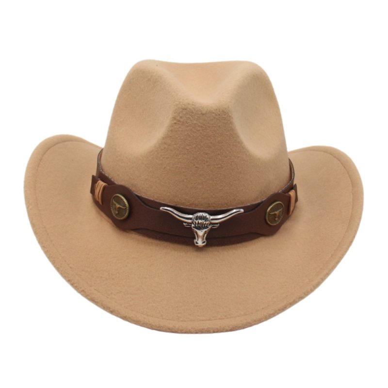 Felt Western Cowboy Hat Ox Head Accessories with Cow Band Roll Brim Cowgirl Cap Ethnic Style Soft Tibetan Style Top Hat Women - Image 4