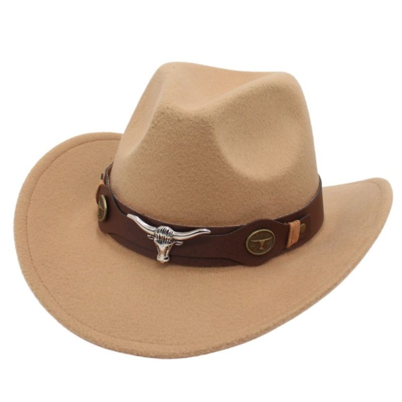 Felt Western Cowboy Hat Ox Head Accessories with Cow Band Roll Brim Cowgirl Cap Ethnic Style Soft Tibetan Style Top Hat Women - Image 9