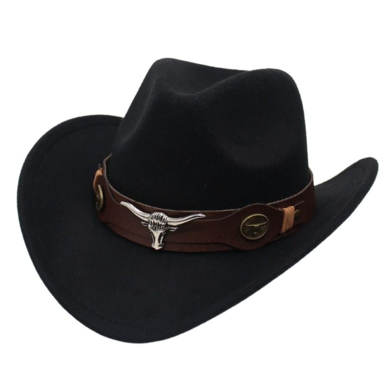 Felt Western Cowboy Hat Ox Head Accessories with Cow Band Roll Brim Cowgirl Cap Ethnic Style Soft Tibetan Style Top Hat Women - Image 10