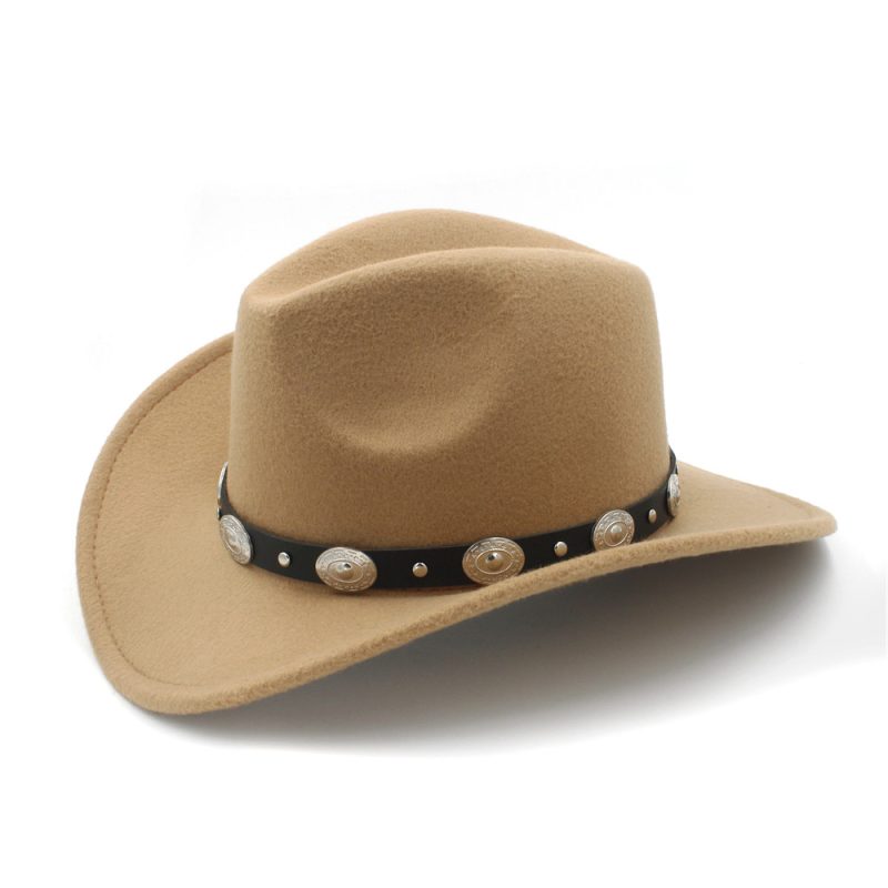 Vintage Wool Children Kids Western Cowboy Hat For Boy Girl Wide Brim Cowgirl Jazz Cap With Leather Toca Sombrero Cap 54CM