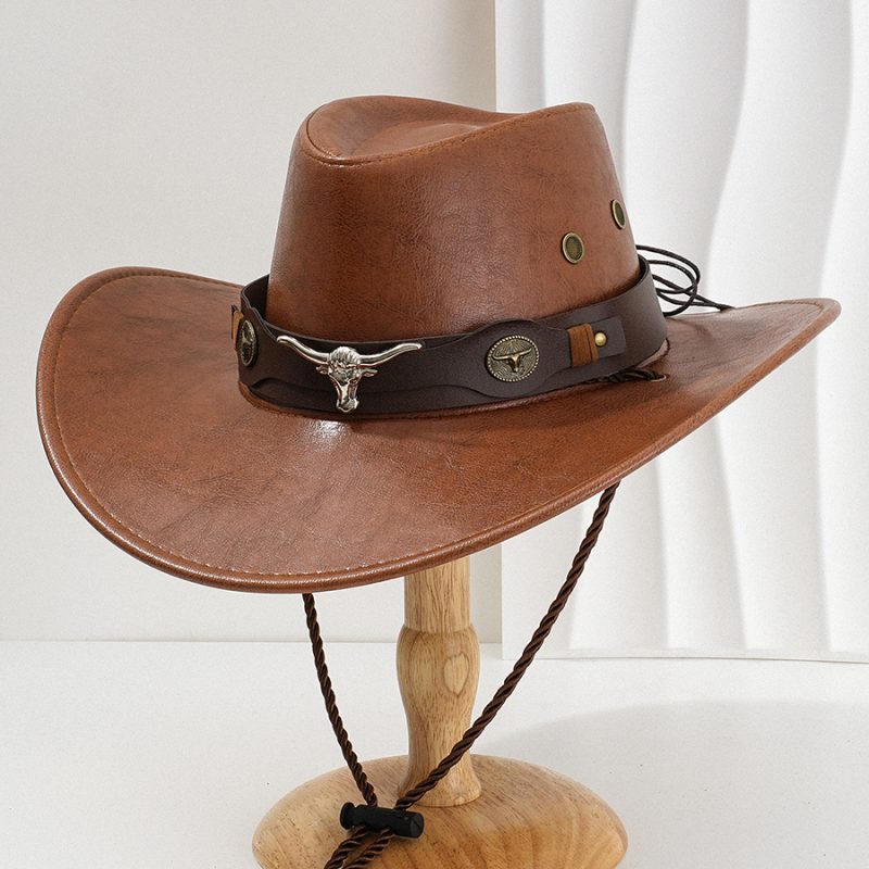 Unisex Vintage Faux Leather Western Cowboy Hat Outdoor Gentleman Cowgirl Jazz Cap Sombrero Hombre - Image 5