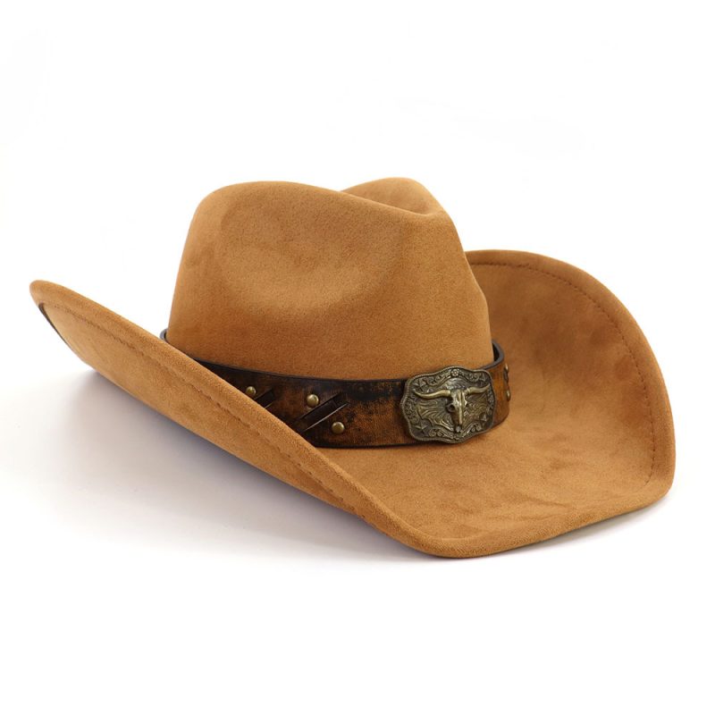 Western Big Brim Cowboy Hat Bull's Head Leather Band Suede Top Hat Outdoor Mens Hats Ladies Party Horse Riding Cowgirl Hat - Image 7