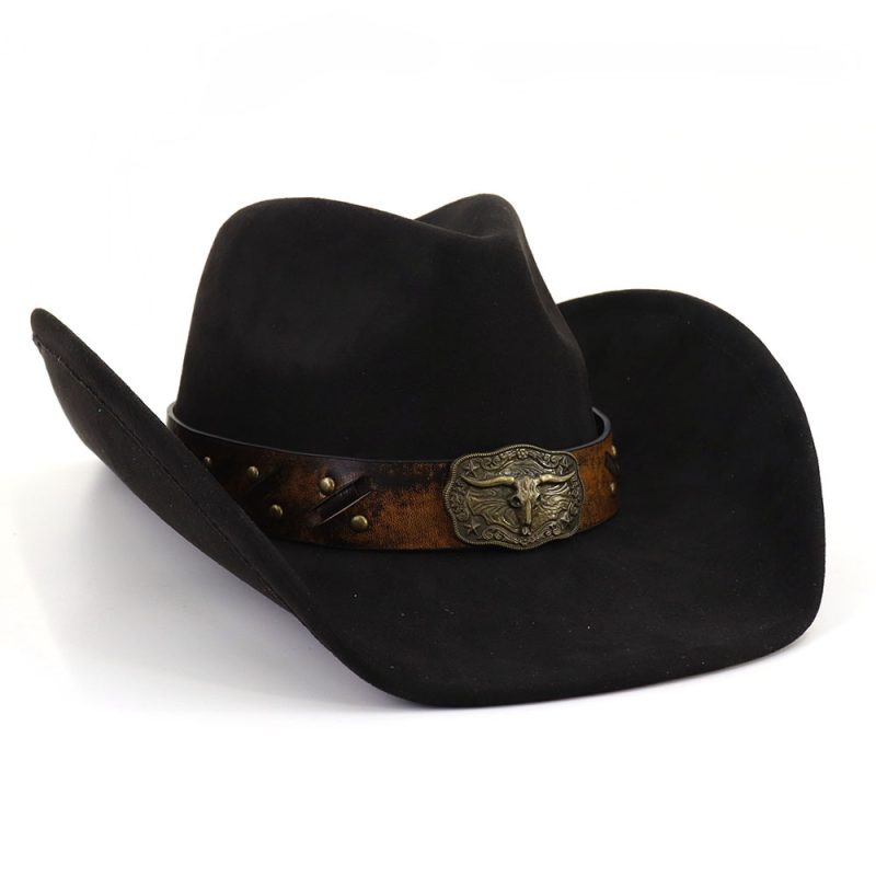 Western Big Brim Cowboy Hat Bull's Head Leather Band Suede Top Hat Outdoor Mens Hats Ladies Party Horse Riding Cowgirl Hat - Image 8