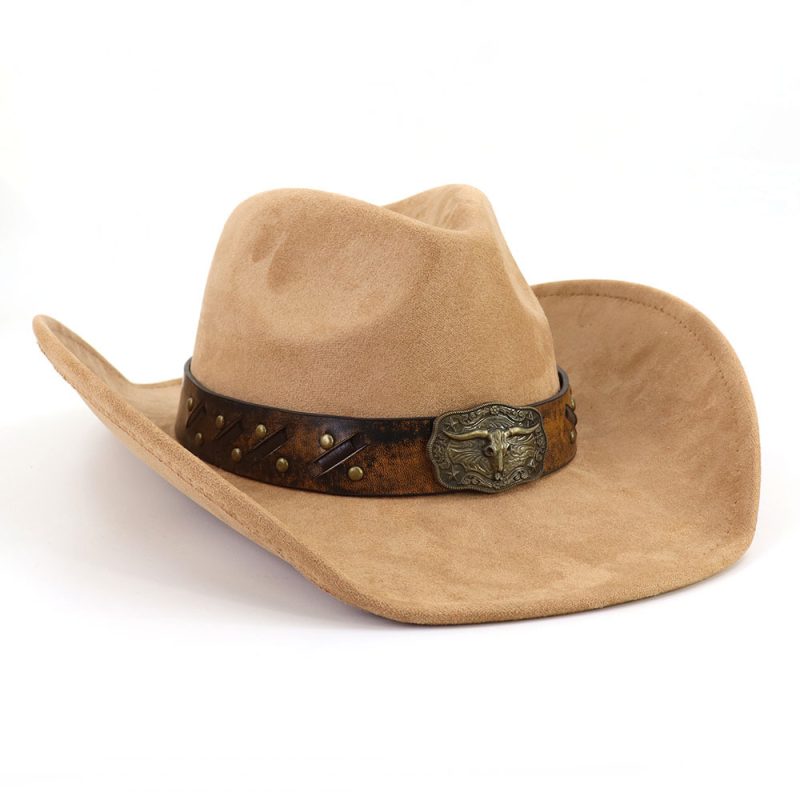 Western Big Brim Cowboy Hat Bull's Head Leather Band Suede Top Hat Outdoor Mens Hats Ladies Party Horse Riding Cowgirl Hat - Image 9