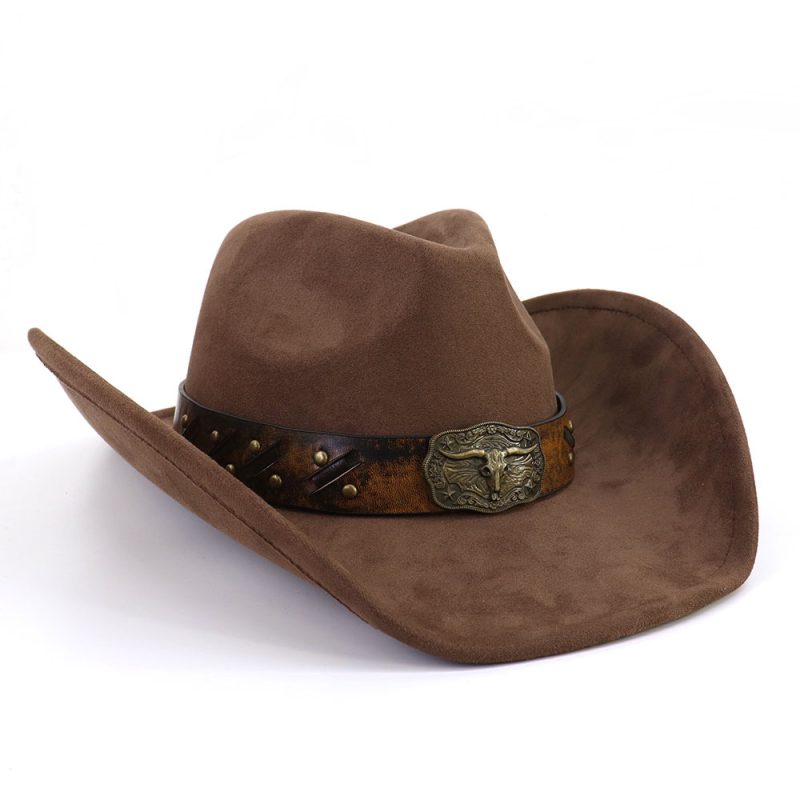 Western Big Brim Cowboy Hat Bull's Head Leather Band Suede Top Hat Outdoor Mens Hats Ladies Party Horse Riding Cowgirl Hat - Image 12
