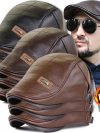 Vintage Men Beret Hat Leather Flat Hats Warm Autumn Winter Windproof Adjustable High Quality Peaked Cap Mens Retro Beret Caps