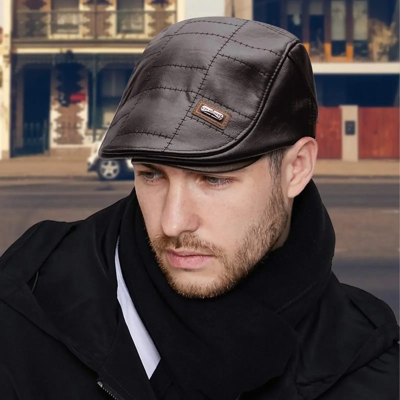 Vintage Men Beret Hat Leather Flat Hats Warm Autumn Winter Windproof Adjustable High Quality Peaked Cap Mens Retro Beret Caps - Image 5