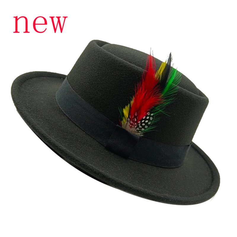 Fedora Small Eaves Flat Top Bow Knot Feather Men's Felt Hat Pork Pie Black Top Hat sombreros шапка мужская 모자
