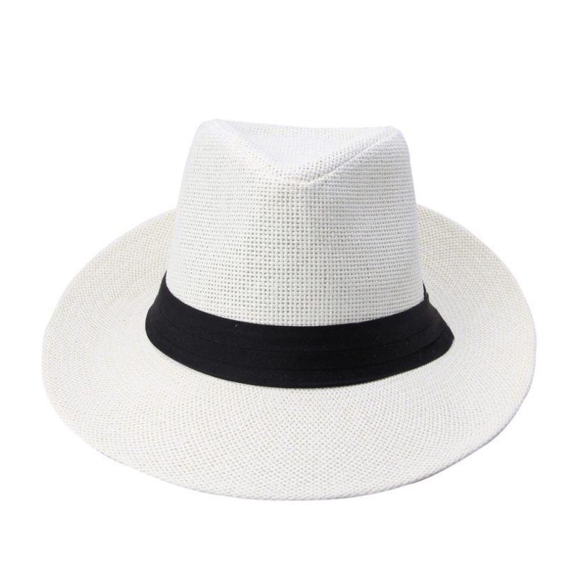 Hot Fashion Summer Casual Unisex Beach Trilby Large Brim Jazz Sun Hat Panama Hat Paper Straw Women Men Cap With Black Ribbon - Image 3